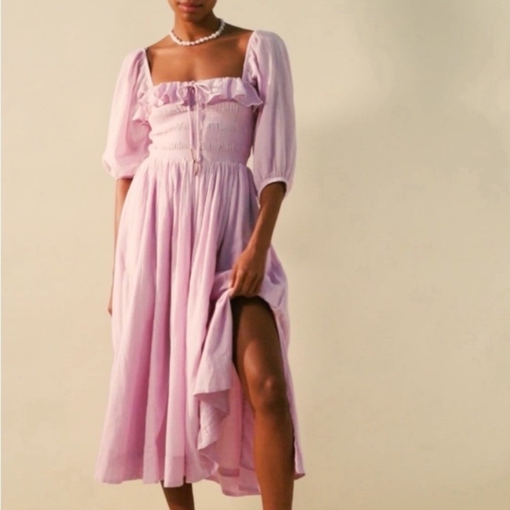 Free People Oasis Midi Dress Womens S Pink Smocked Puff‎ Sleeve Boho Cottage